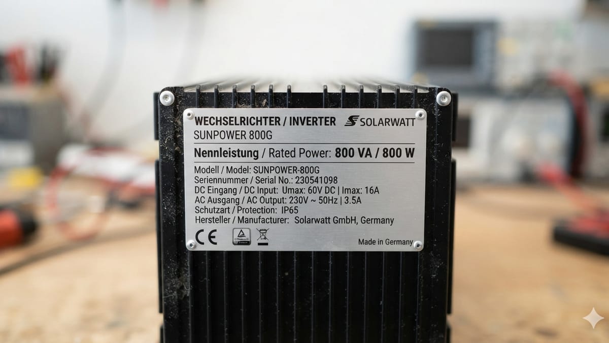 Typenschild eines Balkonkraftwerk-Wechselrichters mit der Angabe 800 VA