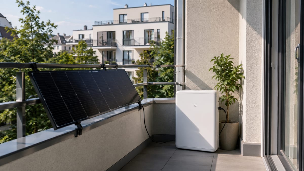Balkonkraftwerk mit kleinem Stromspeicher auf einem Balkon