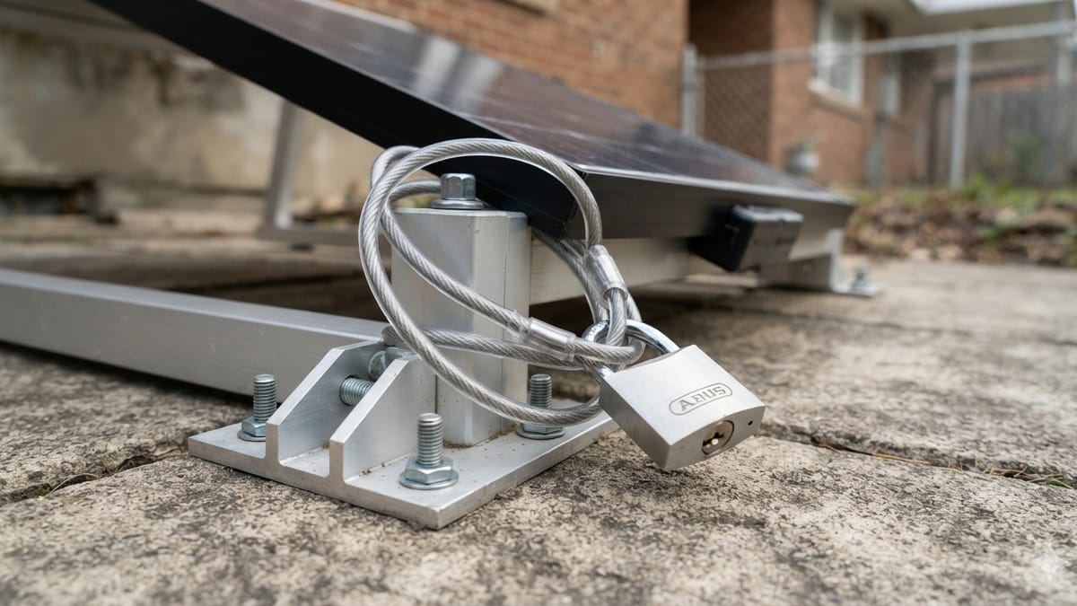 Mit Stahlseil und Schloss gegen Diebstahl gesichertes Solarmodul im Erdgeschoss
