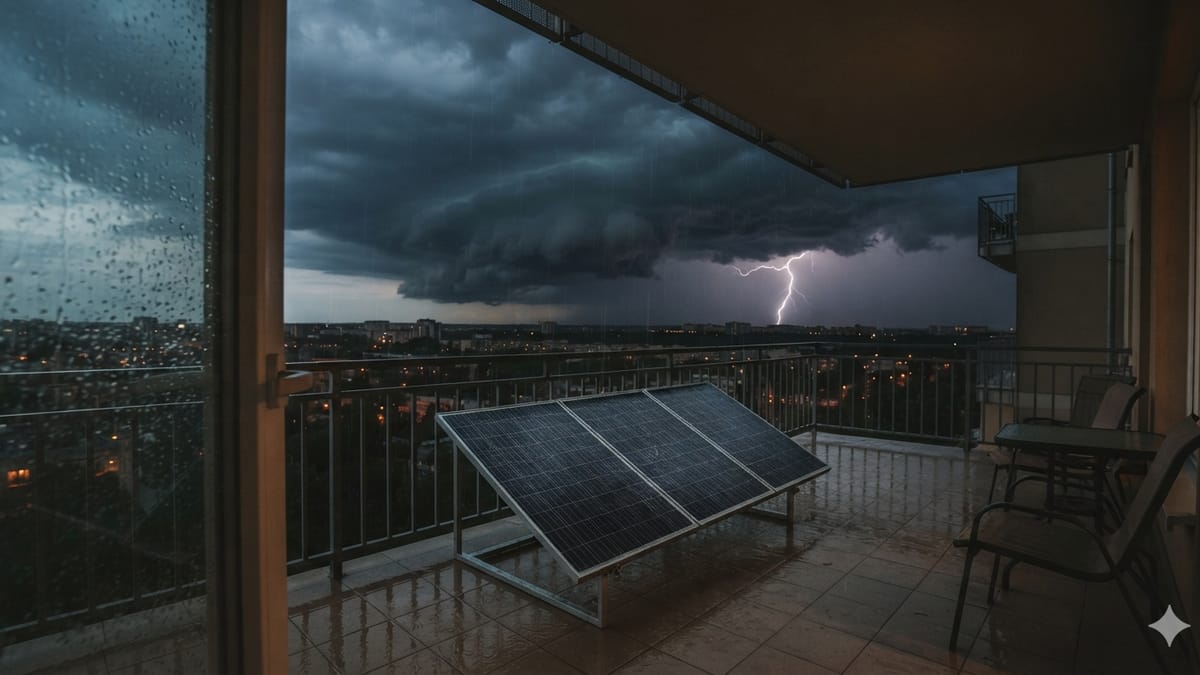 Balkon mit Solarmodul unter einem dunklen Gewitterhimmel mit Blitz