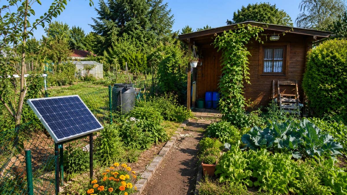 Balkonkraftwerk in einem Schrebergarten mit Gartenlaube