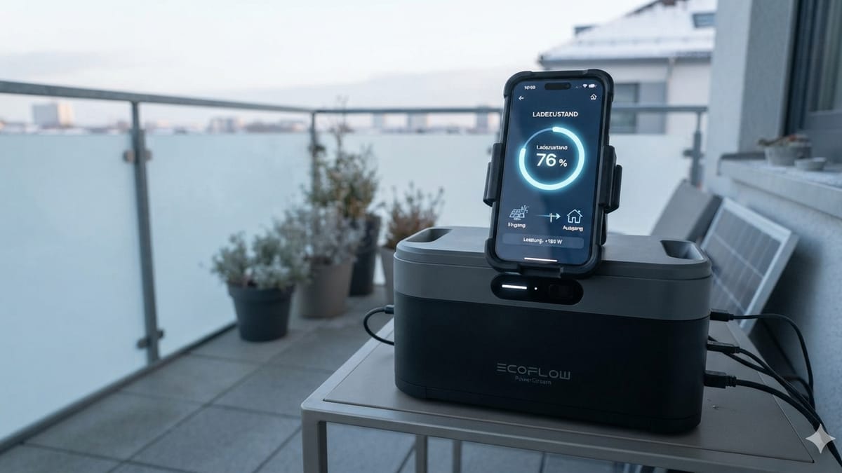 Balkonkraftwerk-Speicher mit App-Anzeige des Ladezustands in Prozent