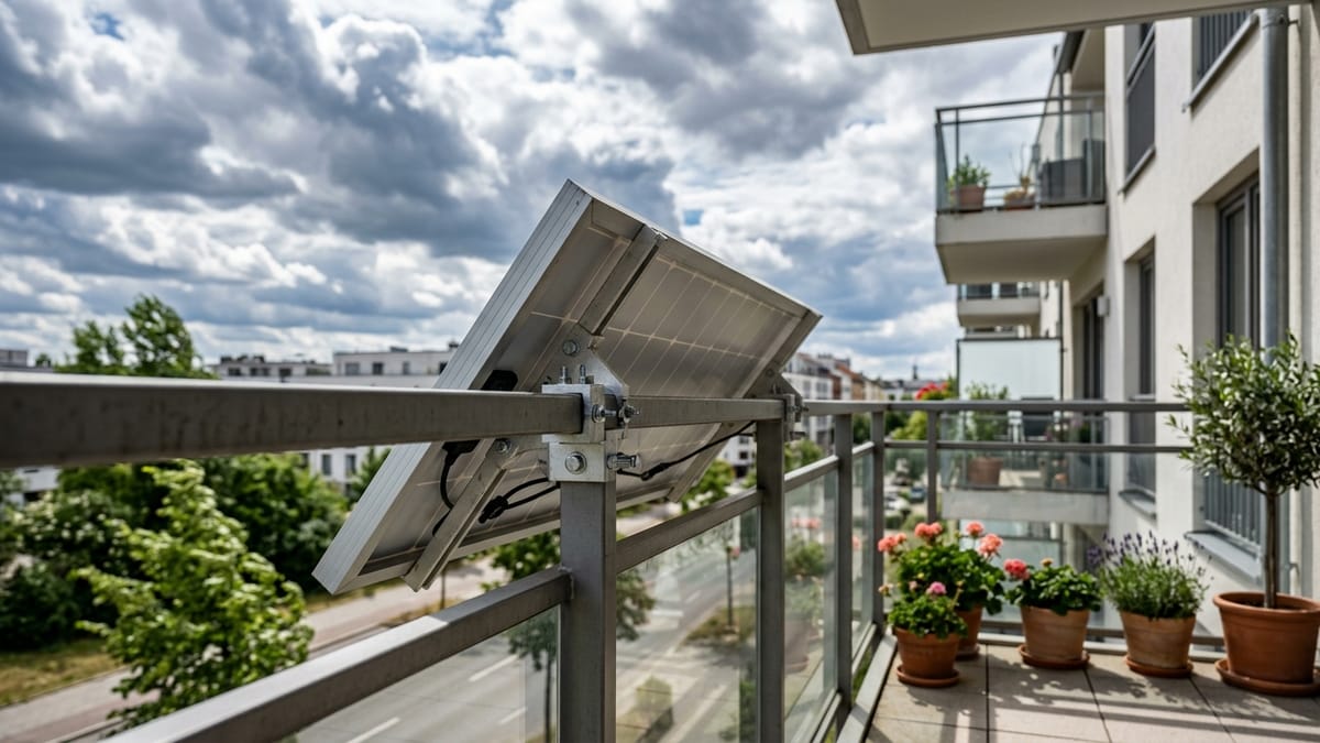 Stabil montiertes Solarmodul am Balkon bei windigem Himmel