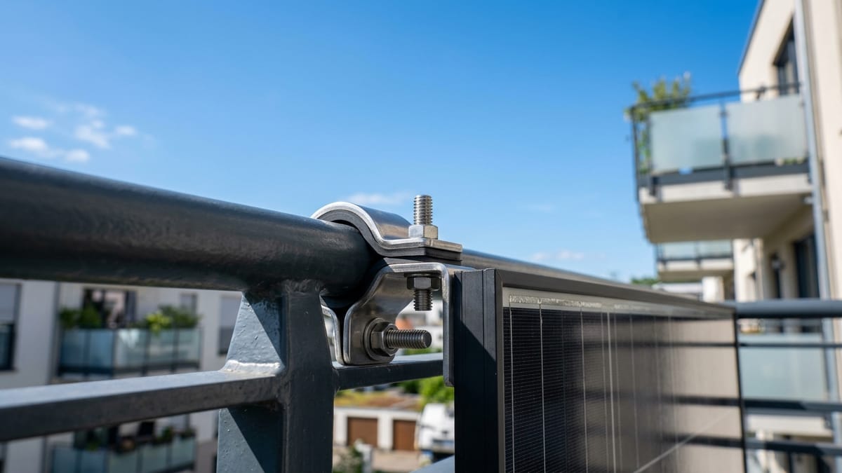 Edelstahl-Halterung sichert ein Solarmodul am Balkongeländer