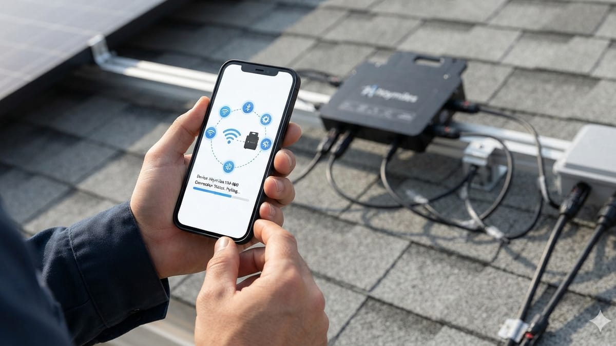 Smartphone bei der WLAN-Einrichtung eines Balkonkraftwerk-Wechselrichters