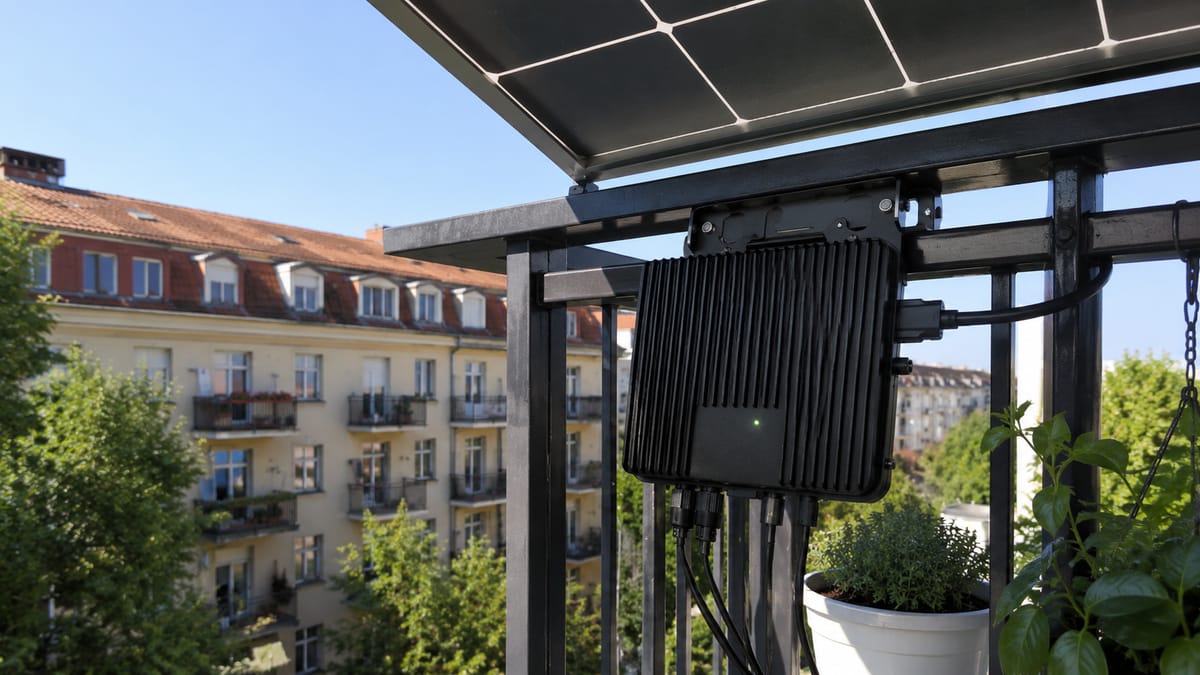 Wechselrichter eines Balkonkraftwerks in der Sonne am Balkon