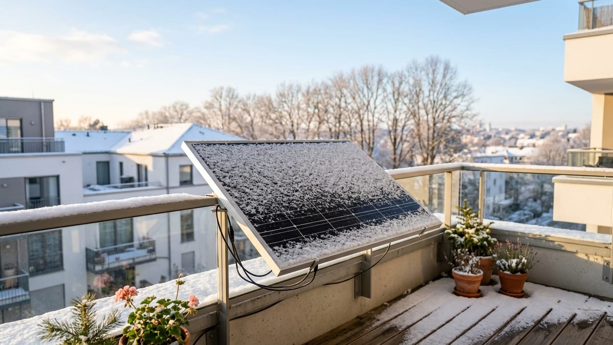 Mit Schnee bedecktes Solarmodul eines Balkonkraftwerks im Winter