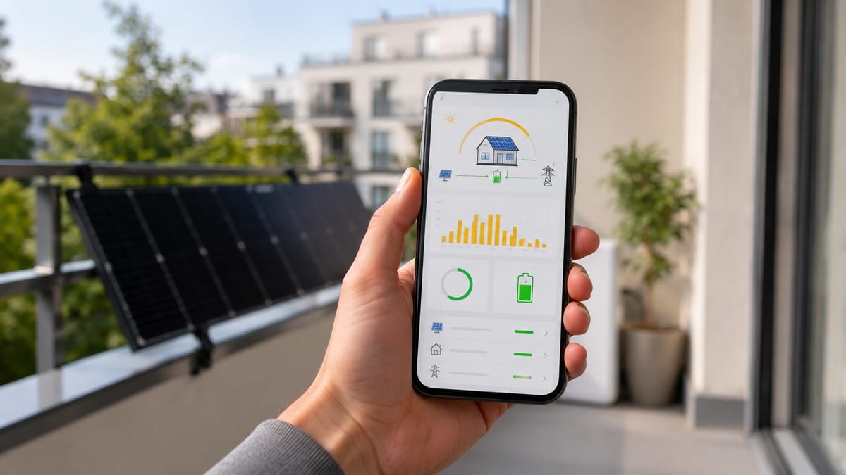 Smartphone mit Solar-Monitoring-App vor einem Balkonkraftwerk