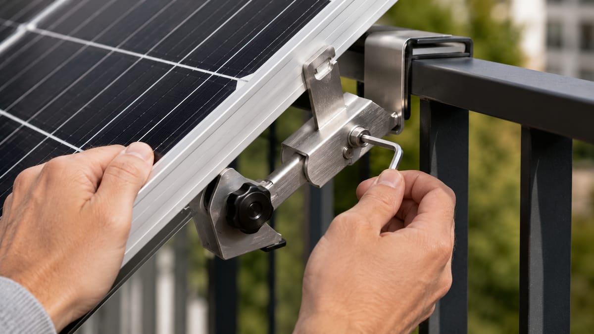 Klemmhalterung befestigt ein Solarmodul ohne Bohren am Balkongeländer