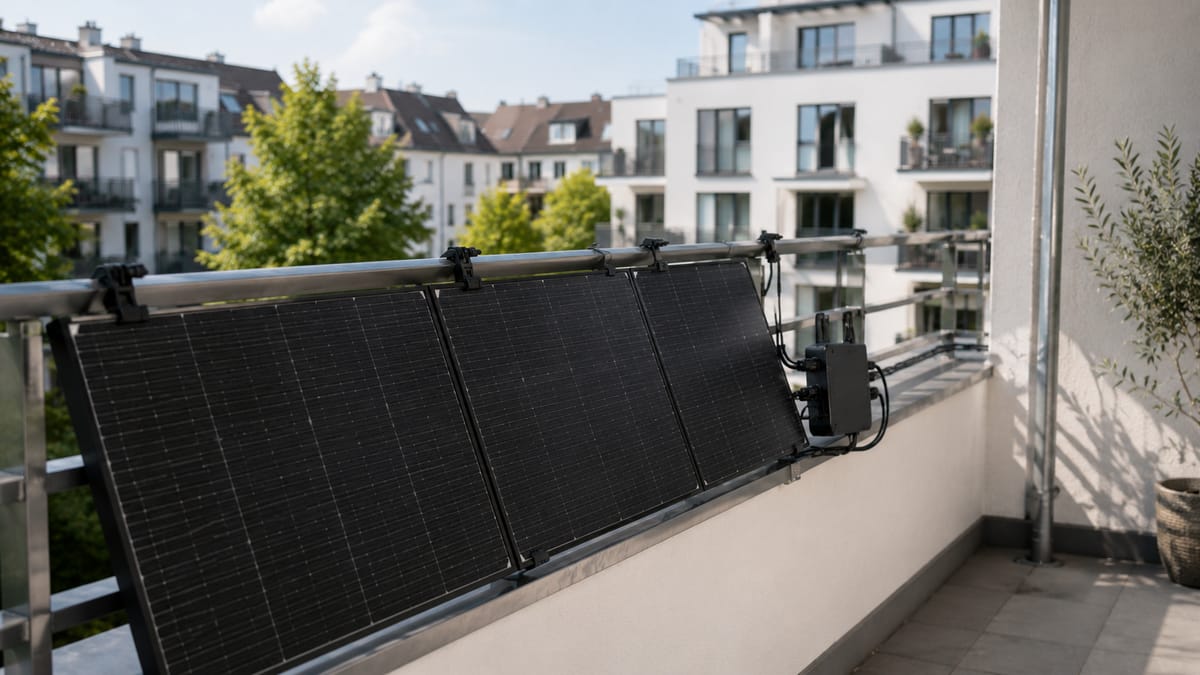 Mehrere Solarmodule und ein Mikrowechselrichter am Balkongeländer